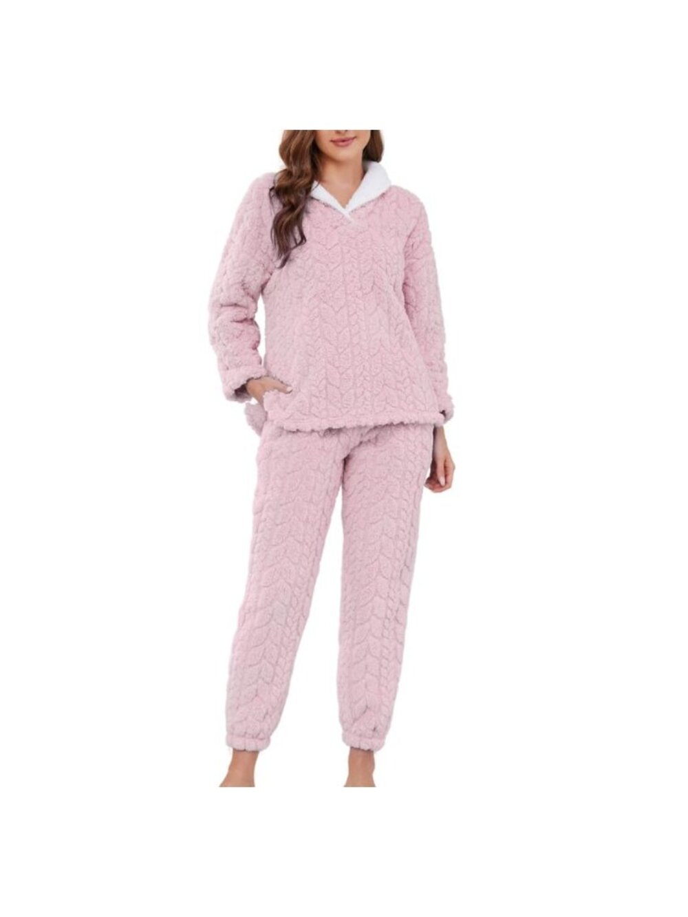 Fluffy Fleece Pajama Set Women Plush 2 Piece Sleepwear Winter Loungewear